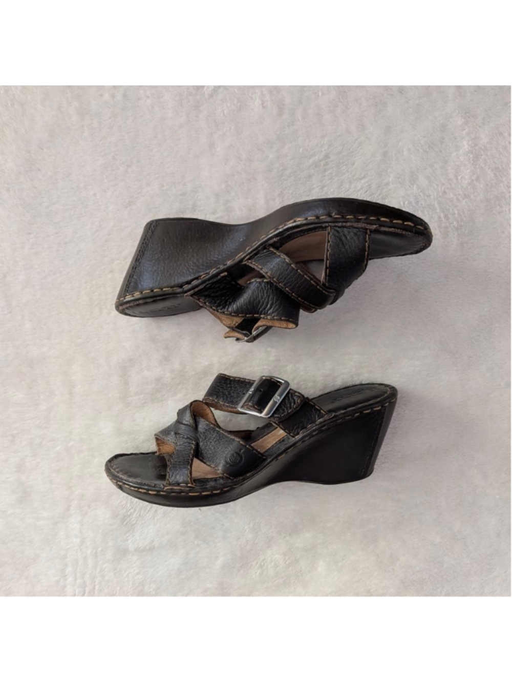Born Espresso Brown Leather Wedge Sandals Size 6 - Picture 3 of 9